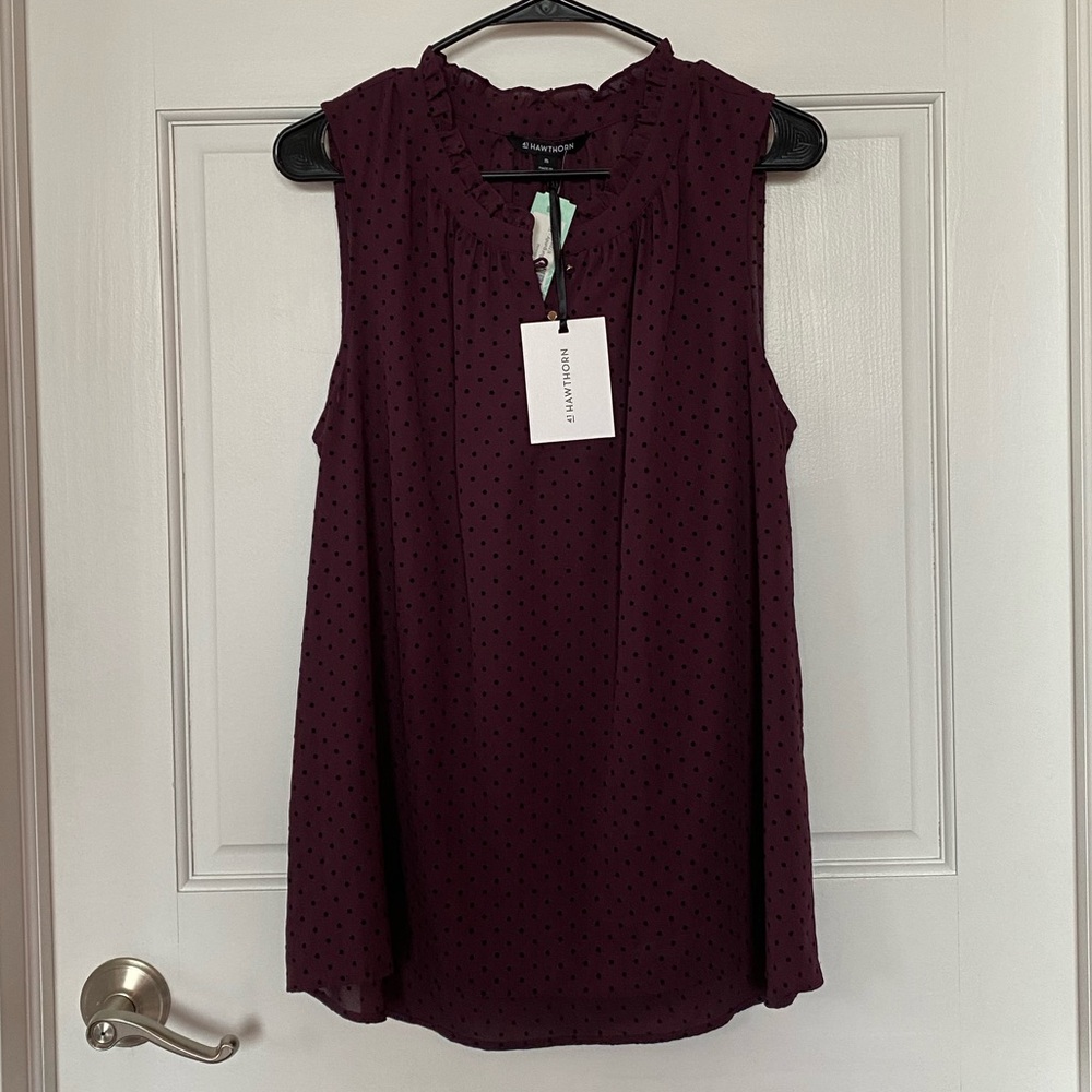 NWT, 41 Hawthorn Burgandy Ruffled Blouse with Mandarin Collar
